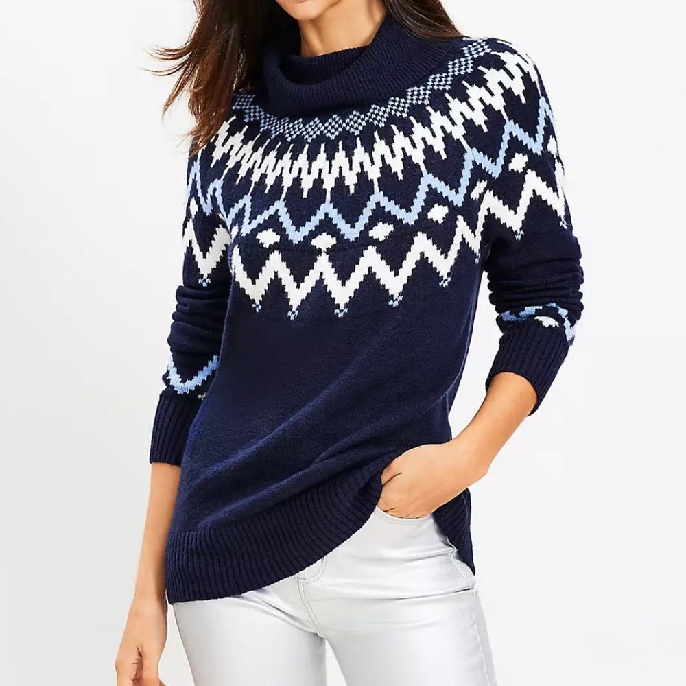 NWT LOFT Navy and White Fair Isle Tunic TurtleNeck Sweater